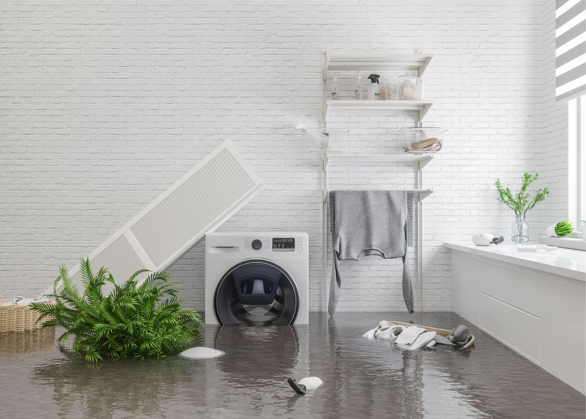 Contaminated water covering a laundry room floor after a sewage backup in Austin